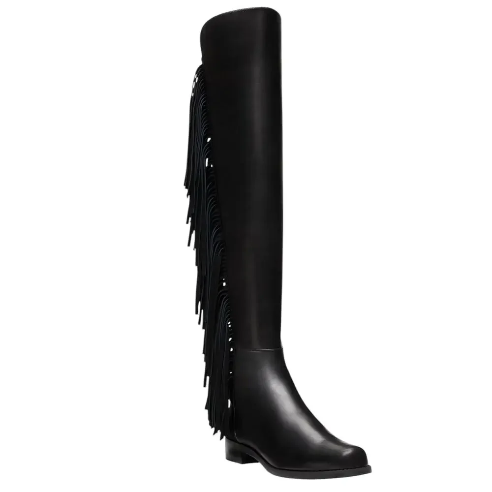 Stuart Weitzman 5050 Fringe Over The‎ Knee Boot Black Nappa Leather Size 7